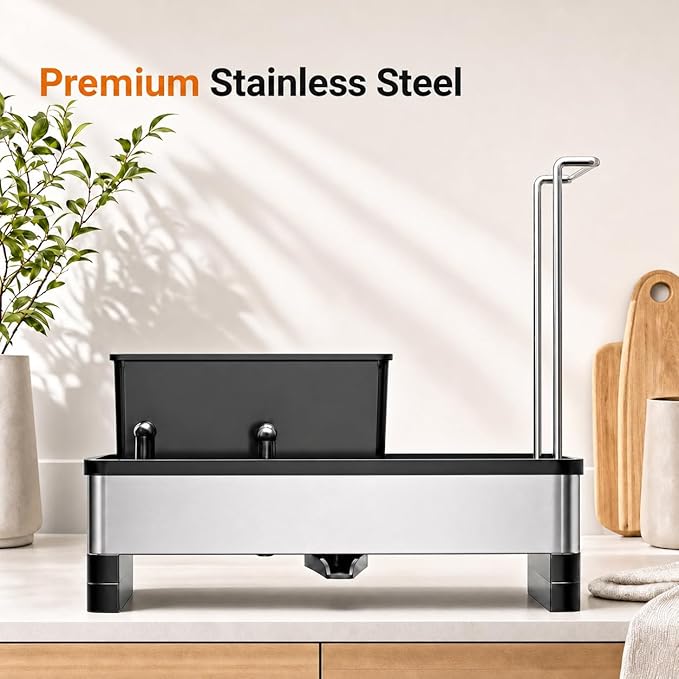 Laveshop Sponge Holder for Kitchen Sink, Rustproof Stainless Steel Sink Caddy with Auto-Drain, Removable Brush Holders, Soap and Dishcloth Organizer, Black