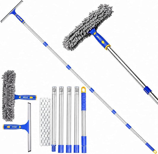 ITTAR Window Squeegee with 88 Inch Extension Pole, Rotatable Window Cleaning Kit with Long Handle, Rubber Blade & Microfiber/Chenille Pads Glass Cleaner Tool for Outdoor Windows, Glass, Car