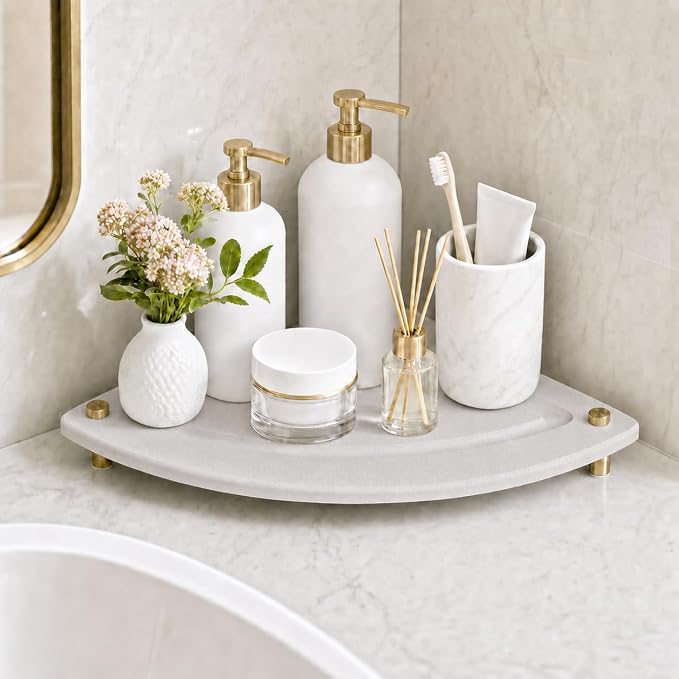Corner Counter Shelf, Water Absorbing Stone Drying Tray Mat for Kitchen & Bathroom Sink, Diatomaceous Gold Faucet Coaster Soap Dish Rack Riser Dispenser Sponge Holder, Beige, 8.5" x 8.5"