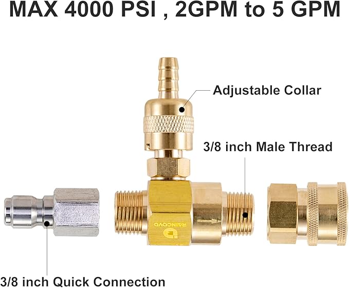Downstream Injector for Pressure Washer, Chemical Injector Kit | Power Washer Soap Injector, 3/8 Inch Quick Connect, 4000 PSI