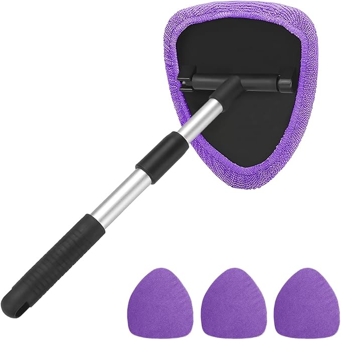 Extendable Car Windshield Cleaning Tool with Microfiber Pads, Purple | reusable glass-wiper design, interior and exterior window use, fits most cars, SUVs, and trucks, automotive cleaning tools