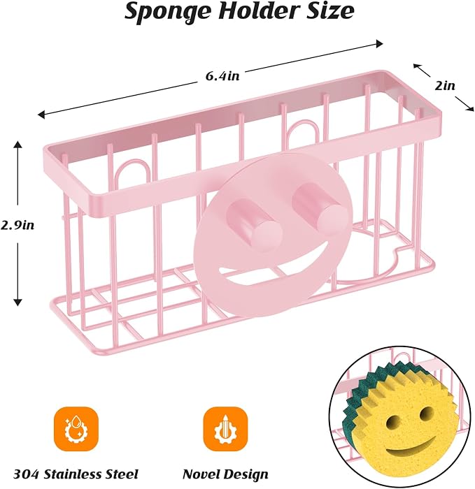 MURLONG Sponge Holder Smiley Face,Sink Caddy,Sink Organizer with 2 Suction Cups/1 Adhesive Strips,Designed for Sponge,Soap,Dish Brush,Scrubber - Pink