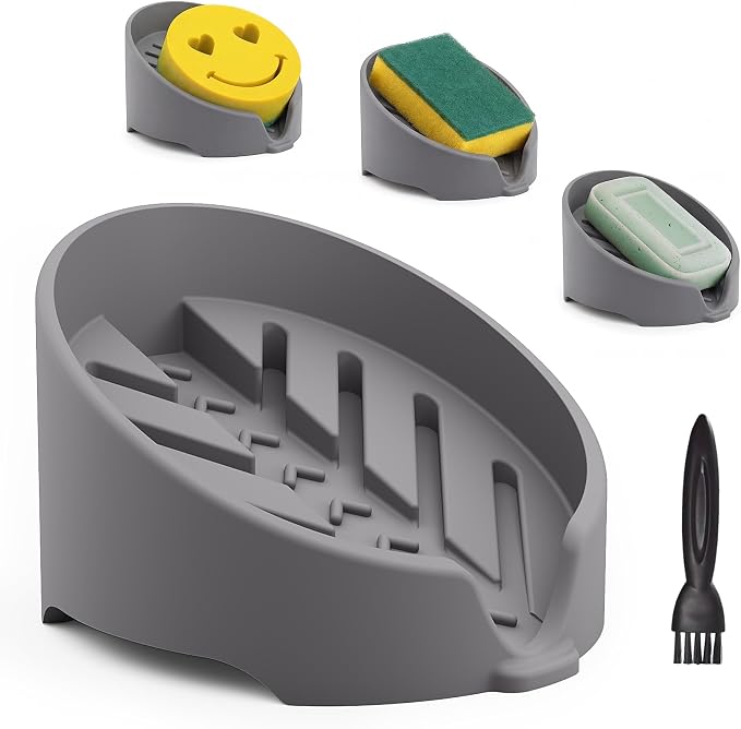 NiHome Silicone Sponge Holder for Kitchen Sink, Fits Scrub Daddy Mommy | Self-Draining Dispenser Organizer Tray, Sink Caddy Countertop Fits Soaps, Scrubber, Dishwasher Safe, Includes Brush,Dark Gray