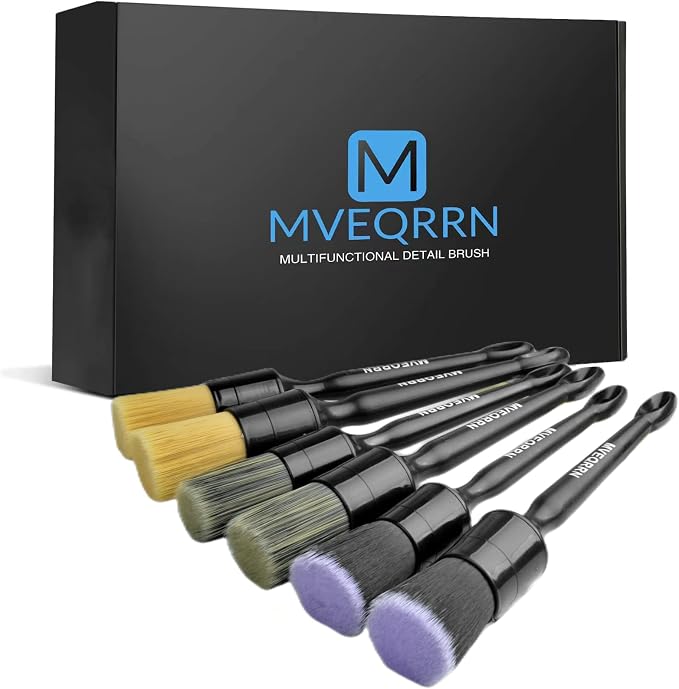 MVEQRRN 6 Pcs Car Detailing Brush Set, Boars Hair & Soft Cleaning Brushes | No Scratch,Detailing Brush for Air Vent,Leather Seat,Detail Brushes Car Detailing for Interior Exterior
