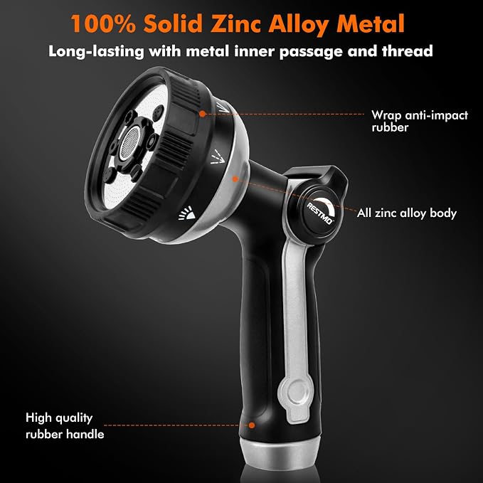 RESTMO Garden Hose Nozzle Heavy Duty, Metal Sprayer Nozzle Thumb Control | 8 Spray Patterns Full Shower Water Hose nozzle for Garden Hose, Ideal for Lawn & Plant Watering, Car & Pet Washing, Silver