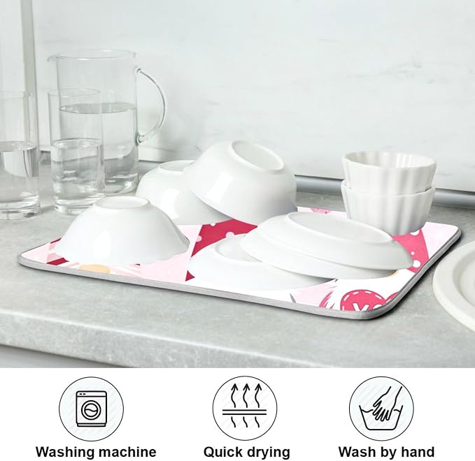 Happy Valentine Hearts Gnomes Dish Drying Mat 18 X 24 In Red Love Absorbent Microfiber Dry Dishes Pads Tableware Mats Protector for Kitchen Countertops Counter Home Decorations