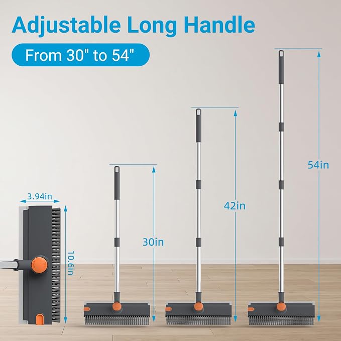 Pool Scrub Brush with 52" Pole, 3 in 1 Pool Cleaning Brush with Squeegee, Floor Scrub Brush with Long Handle, Deck Brush for Swimming Pool Tile Wall Patio Concrete Gray