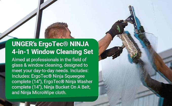 UNGER ErgoTec Ninja Kit 4-in-1: Squeegee, Scrubber, Holder, Cloth | Professional indoor/outdoor window cleaning; WNK12 advanced kit; complete 4-piece system