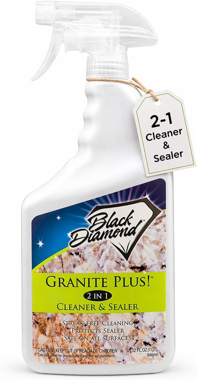 Black Diamond Stoneworks Granite Plus 2-in-1 Cleaner & Sealer, pH Neutral, Streak-Free Stone Cleaner for Granite, Marble, Quartz, Travertine & Limestone Countertops, Ready to Use, 32 Fl Oz