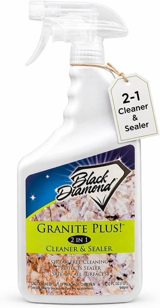 Black Diamond Stoneworks Granite Plus 2-in-1 Cleaner & Sealer, pH Neutral, Streak-Free Stone Cleaner for Granite, Marble, Quartz, Travertine & Limestone Countertops, Ready to Use, 32 Fl Oz