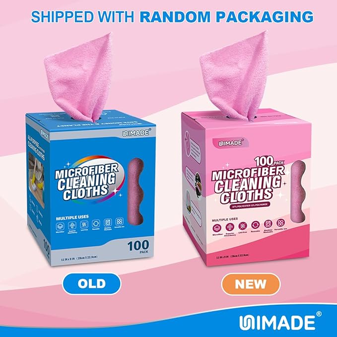 UNIMADE Microfiber Cleaning Cloth, 100 Sheets Microfiber Towels for Cars | Commercial Grade Washcloths Lint-Free Bulk Shop Towel Cleaning Rags for Restaurant Garage Housekeeping,11"x 9", Pink