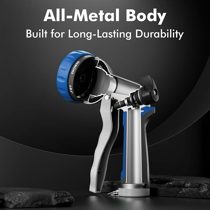 RESTMO Garden Hose Nozzle, Heavy Duty Metal Water Hose Nozzle with 7 Adjustable Spray Patterns, High Pressure Hand Sprayer with Flow Control, Best for Watering Plant & Lawn, Washing Car & Pet, Blue