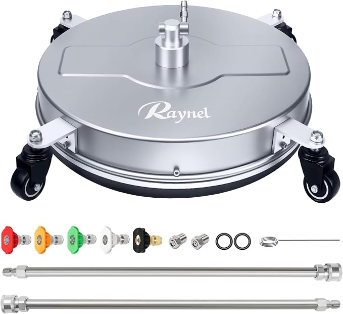 RAYNEL 18" Pressure Washer Surface Cleaner, Power Washer Accessory | Stainless Steel Housing, 4 Wheels, 1/4" Quick Plug, 2 Extension Wands, 2 Replacement Nozzles, 5 Spray Nozzles, Max 4000 PSI