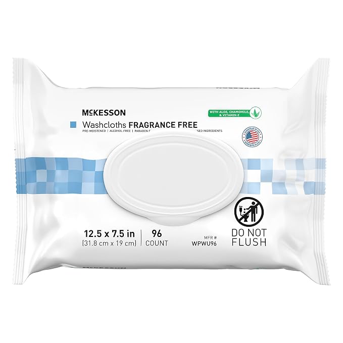 McKesson Washcloth Wipes, Unscented - Disposable Wet Wipes for Adults - Fragrance-Free, Alcohol-Free - No-Rinse Formula - Snap Lid Soft Pack, 96 Count, 1 Pack