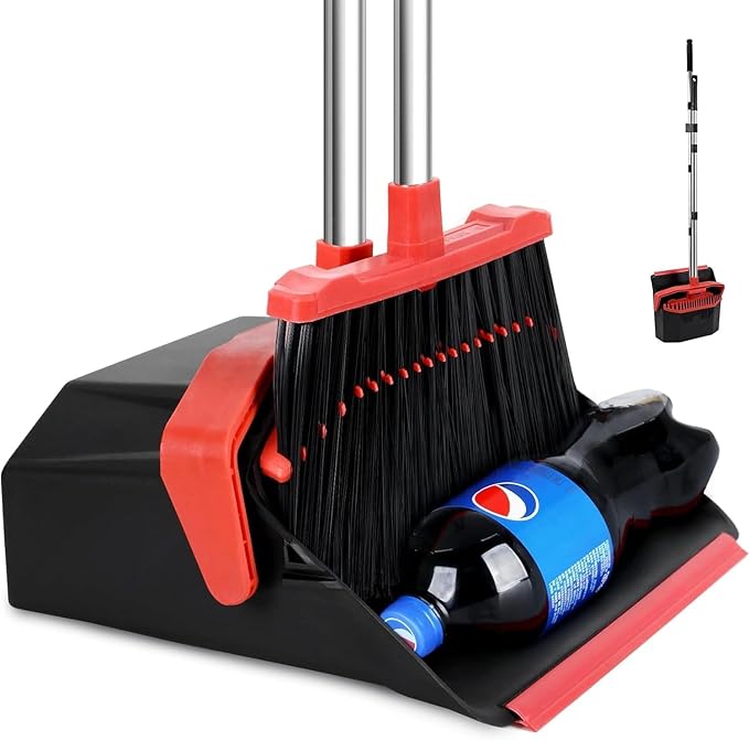 Large Upright Broom and Dustpan, Heavy Duty Dust Pan with 51" Long Handle for Indoor Outdoor Garage Kitchen Room (Black and Red)