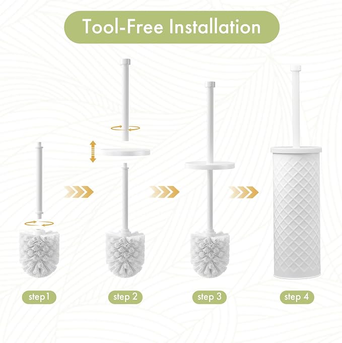 Toilet Bowl Brush and Holder Set 2 Pack with 4 Extra Brush Heads | Extra Long Handle with Splash Guard Cover, Tool-Free Installation, Bathroom Space-Saving, Cleaner Sets for Apartments, RV (White)