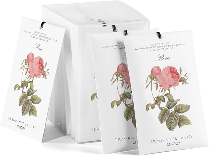 MYARO 12 Pack Rose Scented Sachets, Closet Deodorizer Car Air Freshener | Long-Lasting Sachet Bag, Odor Eliminator for Closet, Drawer, Bathroom, Clothes, Fabric Refresher, Home Fragrance Gift Set