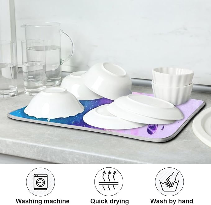 Super Absorbent Dish Drying Mat, Microfiber Fast-Drying Dish Mat, 24" x 18", Kitchen Dish Drying Pad, Abstract Purple Blue Marble