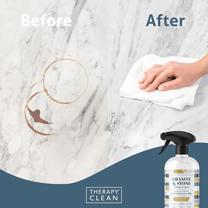Therapy Granite & Stone Cleaner and Polish, pH Neutral, Marble & Quartz | Includes microfiber cloth. Safe for granite, marble, quartz, soapstone, slate, limestone, corian & laminate.