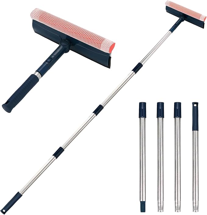 Professional Window Squeegee,2-in-1 Window Cleaner with 56" Long Stainless Steel Handle,Window Washing Kit, Glass Door Cleaner,Multi-Use Car Windshield Cleaning Tool for Gas Station, Glass,Shower