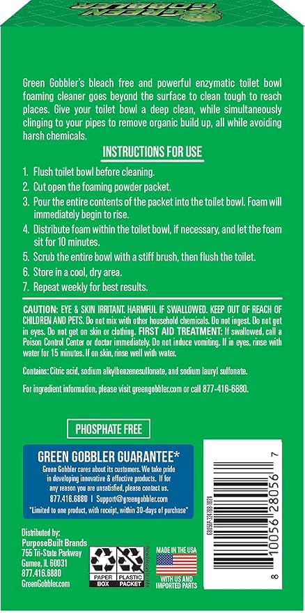 Green Gobbler 5-in-1 Foaming Toilet Bowl Cleaner + Pipe Build-up Remover, Enhanced Enzyme Formula, 2 Uses - Safe for Septic