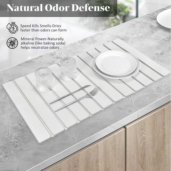 Extral Large Stone Dish Drying Mats for Kitchen Counter, 28"(L)×16"(W), Collapsible Quick Drying Dish Mats, Eco-Friendly Absorbent Diatomaceous Earth Mat for Dishes Cups Bottles, Match Any Countertop