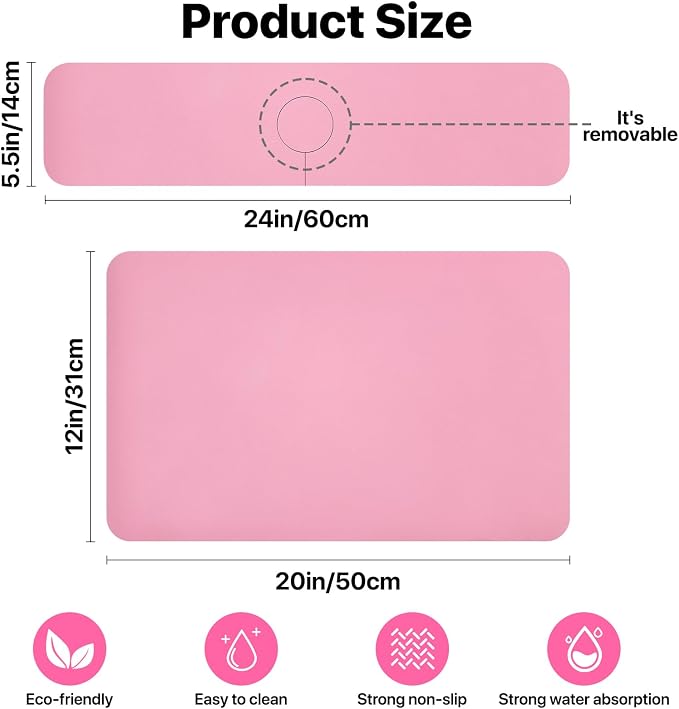 2PCS 12" x 19" Dish Drying Mat & 24" x 5.5" Faucet Mat for Kitchen Sink, Super Absorbent Kitchen Counter Mats & Sink Splash Guard, Easy to Clean Dish Rack Pad for Dishes Countertop, Pink