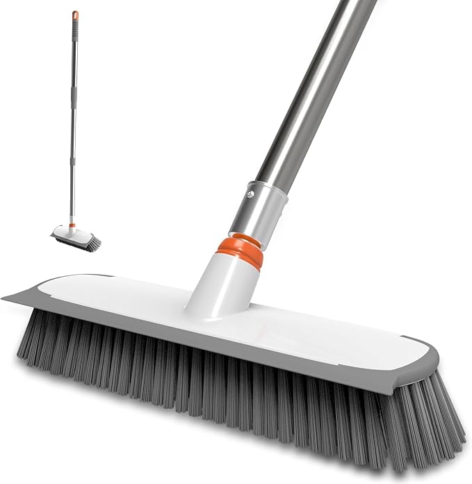 ITTAR Floor Scrub Brush with Long Handle, 12" Wide 2-in-1 Deck Brush and Squeegee with 55" Stainless Steel Pole, Heavy-Duty Stiff Bristles for Shower, Tile, Garage, Patio & Kitchen-Orange