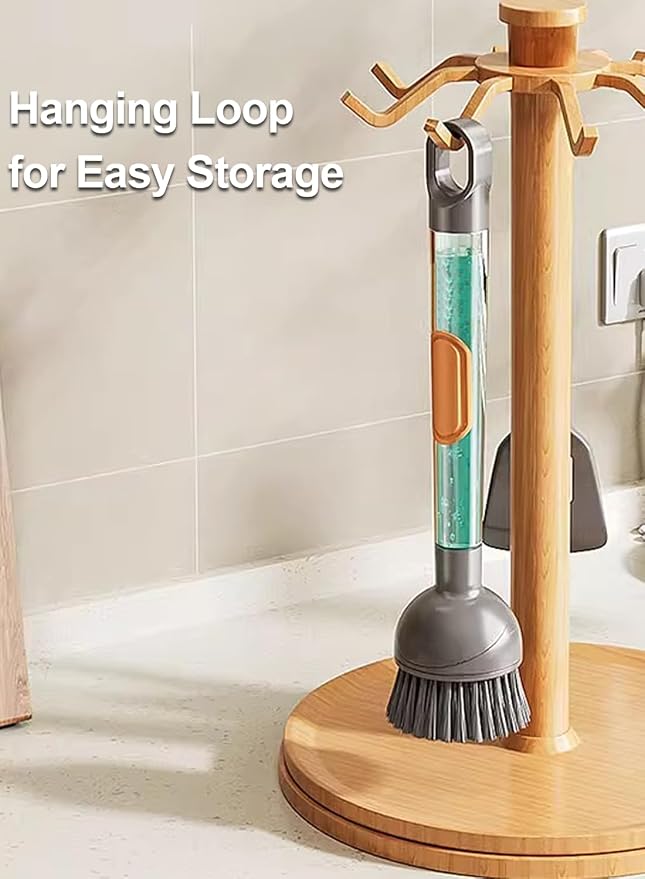 Soap Dispensing Dish Brush with Handle, 360° Rotating Head, 5-Piece Kitchen Cleaning Set (2 Brush Heads & 3 Sponges), Non-Scratch Scrubber for Pot, Pan, Sink, Leak-Proof Dishwand, Grey