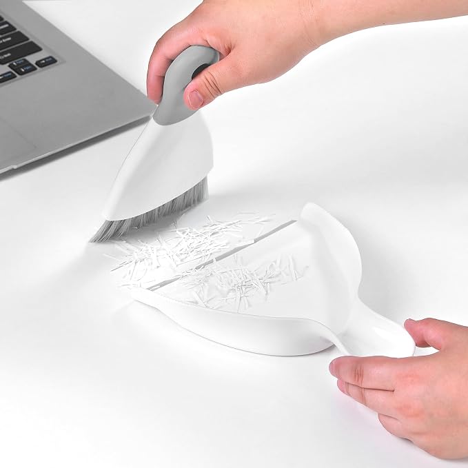 NACENA Mini Dustpan and Brush Set 2 Pack, Small Broom and Dustpan Set Dust Pan and Mini Hand Broom Dustpan and Broom Combo Compact for Home Table Keyboards Sofa Kitchen, White & Gray