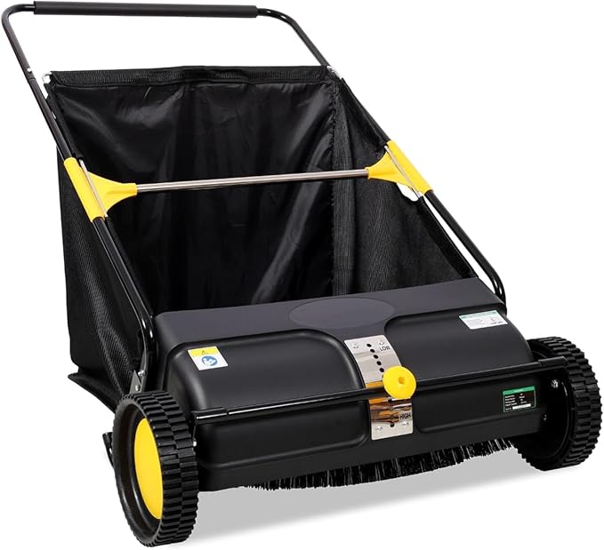 26" Hand-Push Lawn Sweeper | 4 Heavy-Duty Brushes & Wheels, Adjustable Height, 3.5 FT Large Hopper | for Efficient Leaf and Grass Collection in Lawns, Yards, Gardens (Black+26 Inch)