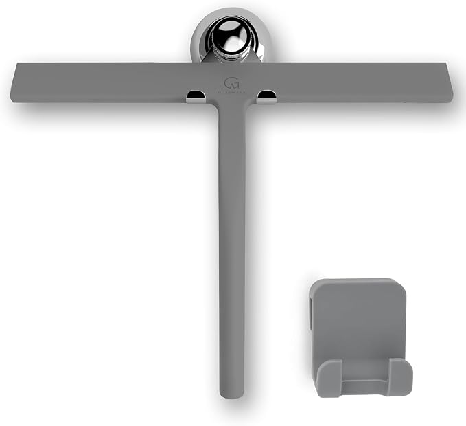 GÜTEWERK Silicone Shower Squeegee for Glass Doors & Mirrors with Stainless Steel Core, Streak-Free & No-Squeak Window Cleaning, 3-in-1 No-Drill Mount (Hook/Suction/Adhesive),Gray, 11 Inches
