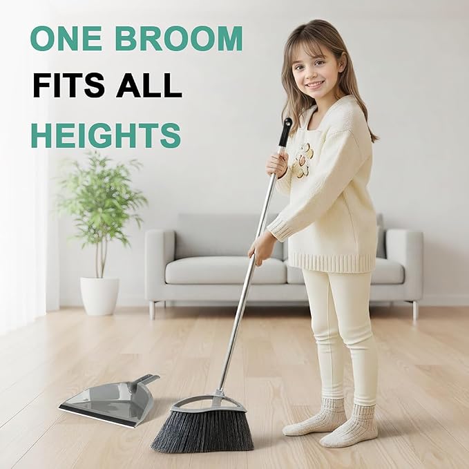 Soft Bristle Broom and Dustpan Set, Long Handle for Indoor Floor, Hardwood | Angled Broom Reach Corners and Cabinets, Rubber Lip Traps Fine Dust. Perfect for Tile, Office, Kitchen.