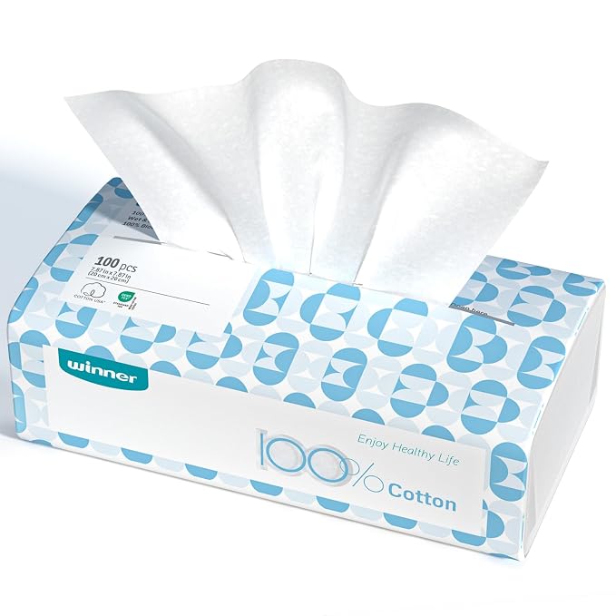 Winner Face Towels Soft Pack, 100% USDA Biobased Facial Towels, Unscented Cotton Tissues for Sensitive Skin, OEKO-TEX Certified Face Towelettes Disposable, Makeup Remover Dry Wipes, 100 Ct, 1 Pack