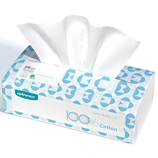 Winner Face Towels Soft Pack, 100% USDA Biobased Facial Towels, Unscented Cotton Tissues for Sensitive Skin, OEKO-TEX Certified Face Towelettes Disposable, Makeup Remover Dry Wipes, 100 Ct, 1 Pack