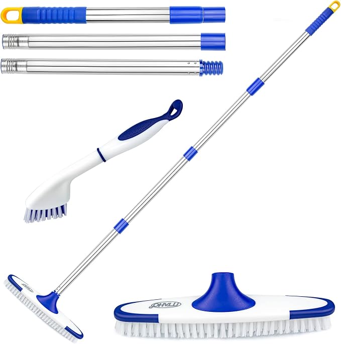 Floor Scrub Brush with Long Handle - 53" Deck & Grout Cleaner Brush Set for Tile, Marble, Stone, Bathroom, Patio, Garage, Deck & Floor Cleaning