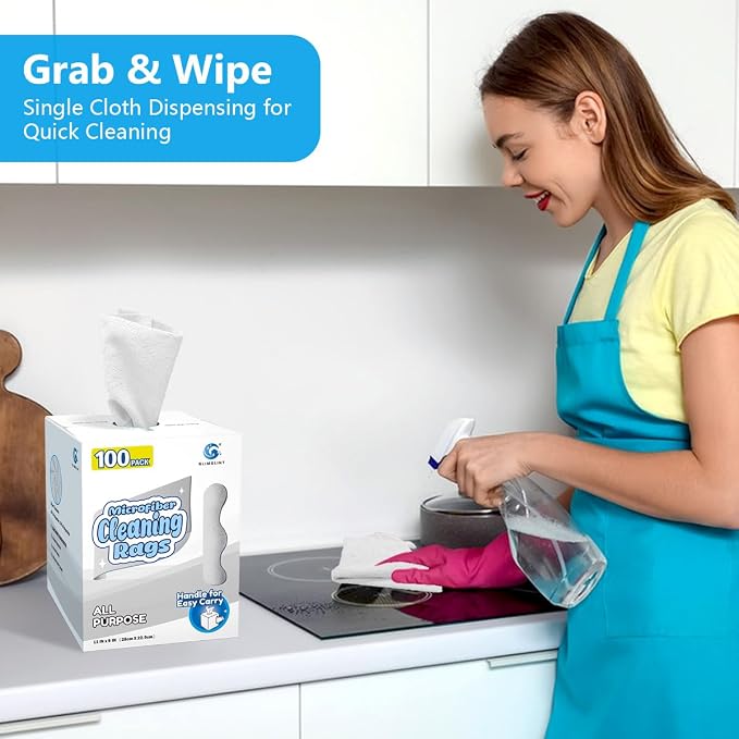 GLIMGLINT White Microfiber Cleaning Cloth, 100 Pack Cleaning Rags, Lint-Free, Ultra Absorbent Reusable Paper Towels for Home, Kitchen, Car, Garage or Shop, Dish Rags, 11" x 9"