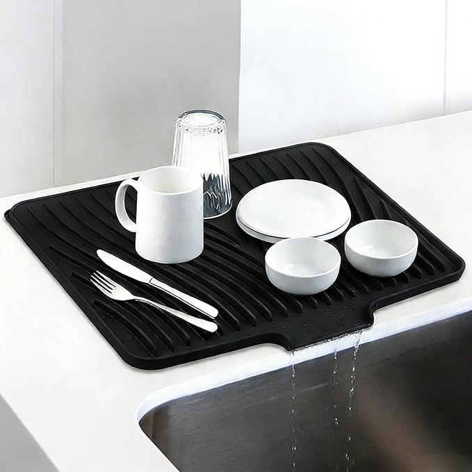 Silicone Drying Mat, 16"X13" With Built-in Drain Lip,Heat-Resistant,Eco-friendly,Hygienic Drying Pad,Leak-Proof and Non-Slip,Silicone Dish Drying Mat for Kitchen Counter or Sink（Black 16X13）