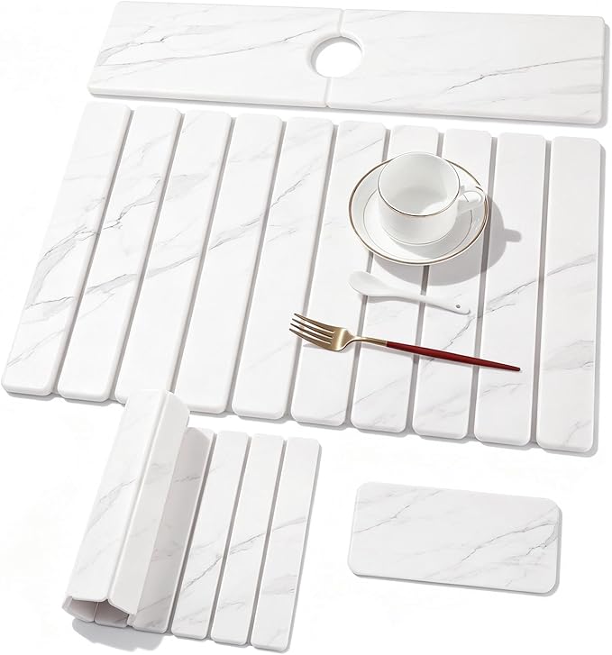 3 PCS Large Stone Dish Drying Mat for Kitchen Counter, Quick Dry Stone Dishes Mats, Sink Faucet Mat, Marble Water Absorbing Diatomaceous Earth Drying Pad for Countertop Tableware, Bottles