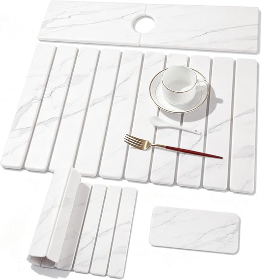 3 PCS Large Stone Dish Drying Mat for Kitchen Counter, Quick Dry Stone Dishes Mats, Sink Faucet Mat, Marble Water Absorbing Diatomaceous Earth Drying Pad for Countertop Tableware, Bottles