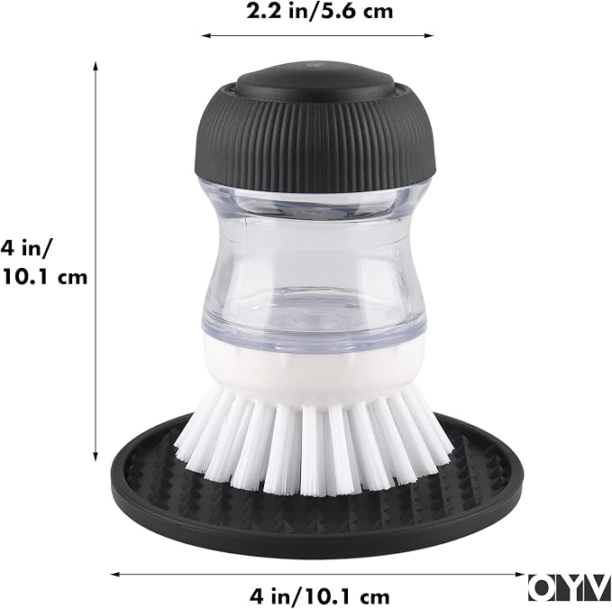 OYV Soap Dispensing Palm Brush, Dish Brush Set with Silicone Drip Tray and One Refill, Kitchen Dish Scrub Brush for Cleaning Pots, Pans, Sinks
