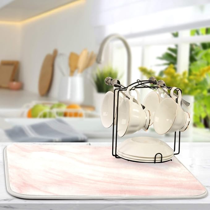 Super Absorbent Dish Drying Mat, Microfiber Fast-Drying Dish Mat, 16" x 18", Kitchen Dish Drying Pad, Pink Coral Marble