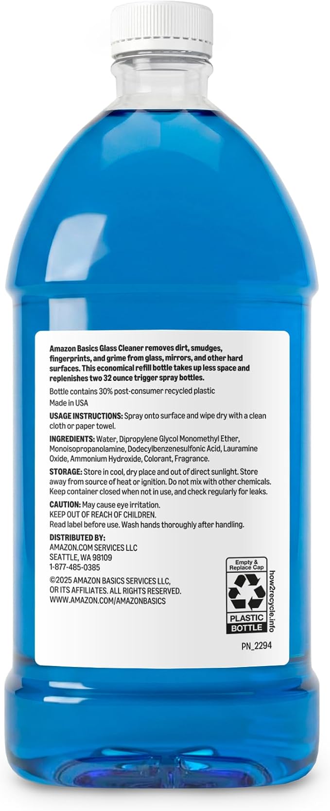 Amazon Basics Glass Cleaner Refill, Streak-Free, Cleans Windows and Mirrors with Sparkling Shine, Economical, 67.6 Fl Oz, 1-Pack