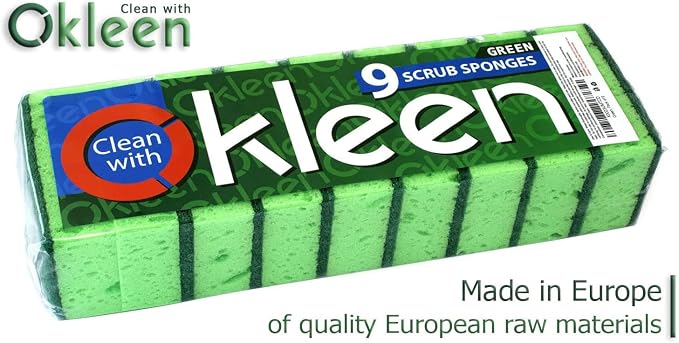 Green Multi Use Scrub Sponge. Made in Europe. 18 Pk, 4.3x2.8x1.4 inches. Odorless Heavy Duty and Non Scratch Fiber. Thick, Durable and Delicate Scrubber for Pans, Bowls, Jars, Sink, Floor