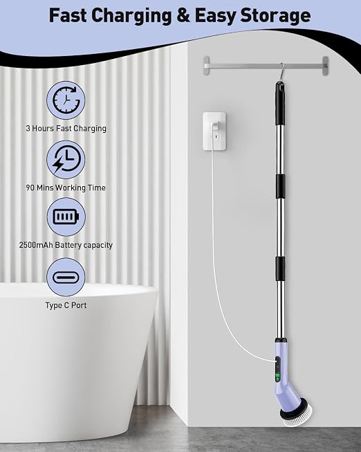 Shower Scrubber with Long Handle, Shower Cleaner Brush with 8 Floor Machine Pads, Cordless Electric Spin Scrubber for Cleaning with 2 Speed, Cleaning Supplies for Bathroom Bathtub Kitchen Floor Toilet