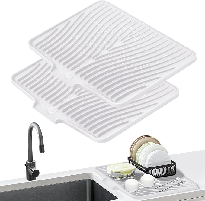 TIKNIK Silicone Dish Drying Mat for Kitchen Counter - Heat Resistant & Non-Slip Dish Drain Pad with Built-In Drain, Dishwasher Safe, Quick-Dry, Hangable & Roll-Up for Storage, White-2pcs, 16" x 12"