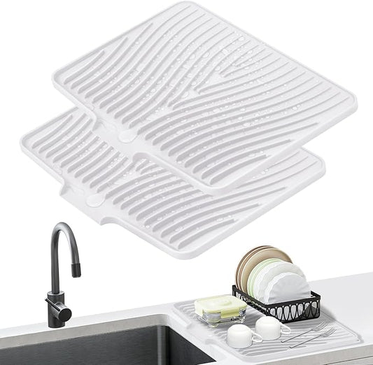 TIKNIK Silicone Dish Drying Mat for Kitchen Counter - Heat Resistant & Non-Slip Dish Drain Pad with Built-In Drain, Dishwasher Safe, Quick-Dry, Hangable & Roll-Up for Storage, White-2pcs, 16" x 12"