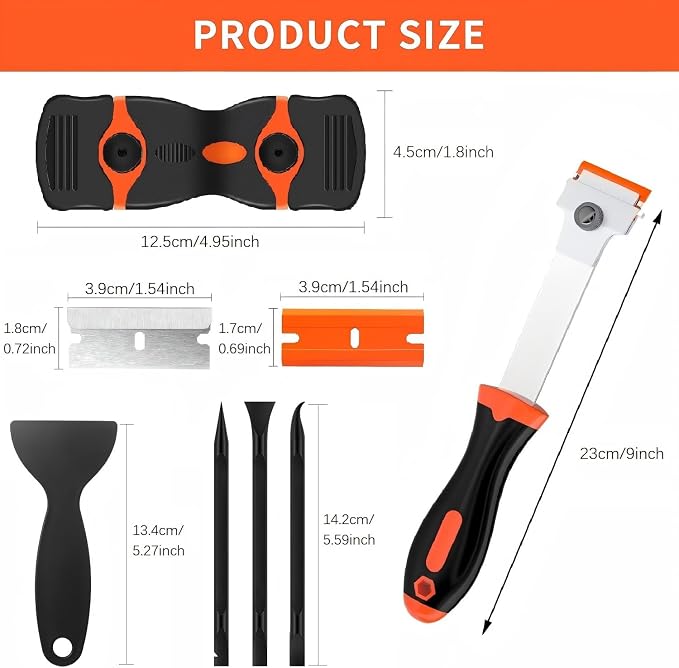 DEKEones Razor Blade Scraper Tool Set, 9 Pack Razor Scraper with 30 Plastic & 30 Metal Blades, Non Scratch Plastic Scrapers Tool for Stickers Label Grout Removal