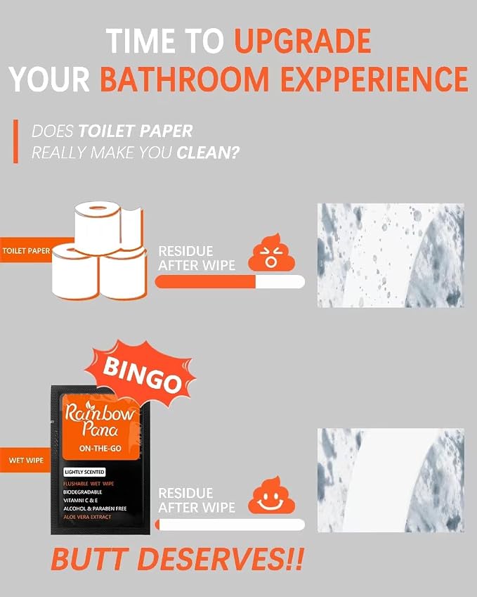 RainbowPana 120 Count Flushable Wipes for Men: ON-THE-GO, Individually Wrapped | Butt Wipes, Travel Wipes | Lightly Scented - Vitamin C, E, Aloe, Plant Extract