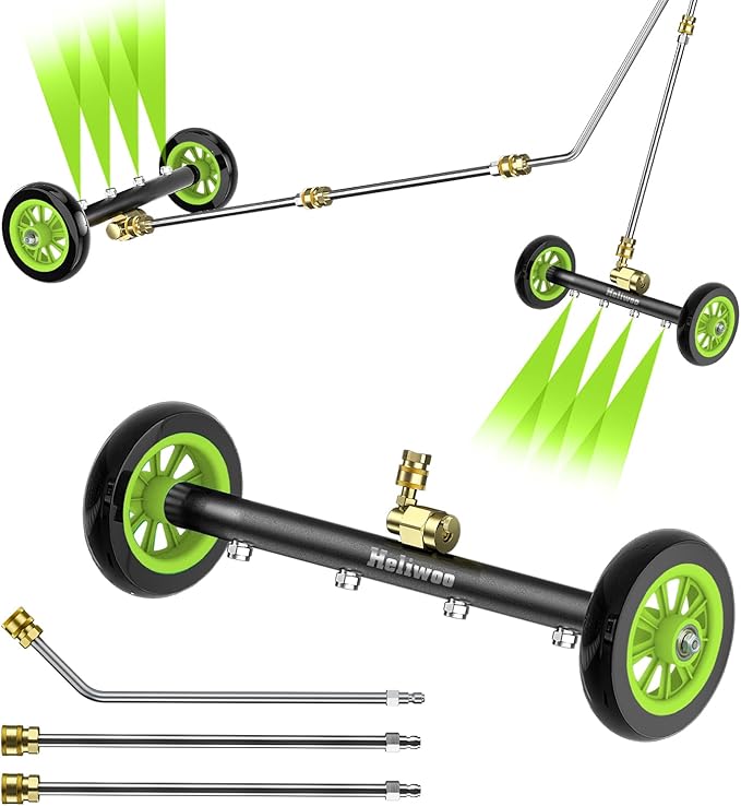 Undercarriage Pressure Washer Attachment 16 inch, Water Broom 4000 PSI | Heliwoo Dual Function Power Washer Surface Cleaner with 4 Nozzles & 3pcs 1/4’’ QC Extension Wand for Chassis Driveway Yard